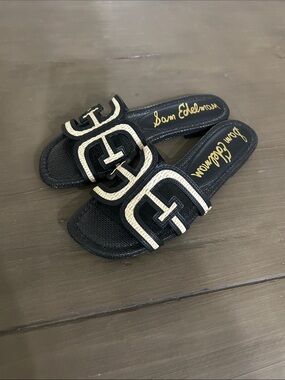 Sam Edelman Black and Cream Logo Slide Mules
